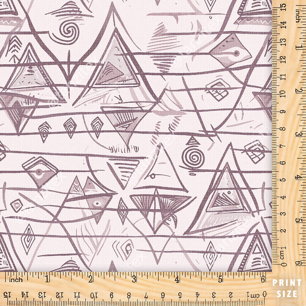 Abstract geometric pattern fabric with triangles, lines, and shapes in purple.