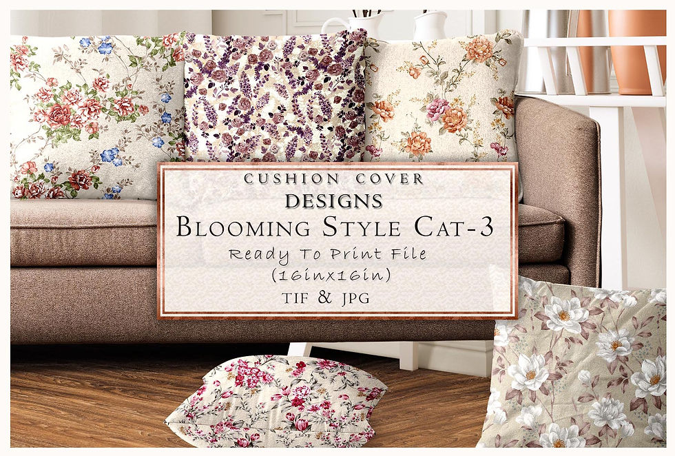 Cushion covers with floral designs, Blooming Style CAT-3, Ready To Print file, Tanzitex Studio.