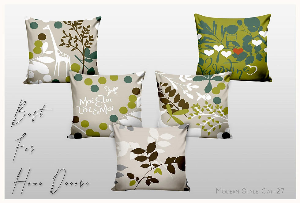 Five patterned pillows with leaves and text, Cushion Cover Designs – Modern Style Cat-34 TZCC 1032.