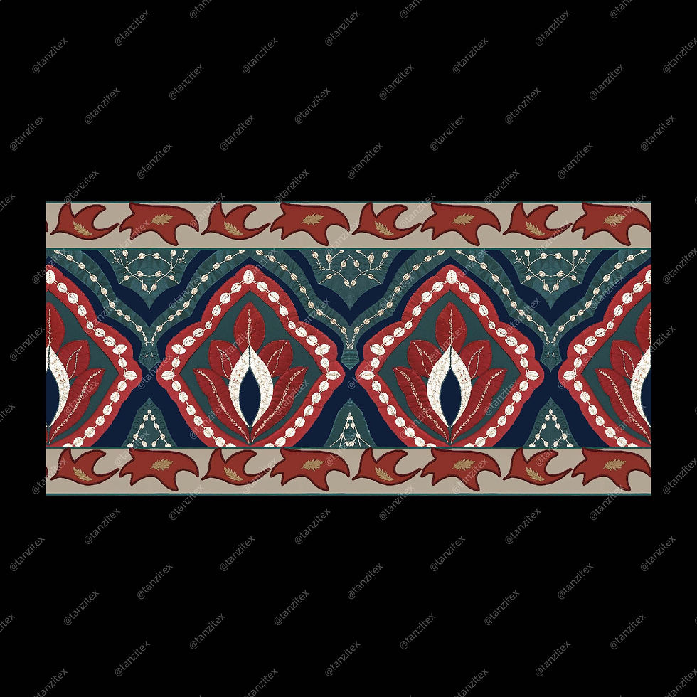 Ornamental design with red, blue, and white floral patterns on a black background.