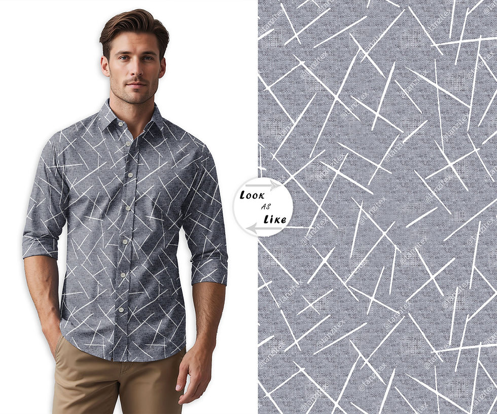 थंबनेल: Man wearing Abstract Botanical Geo TZFD Suit 605 C shirt with white patterns and text Tanzitex Studio