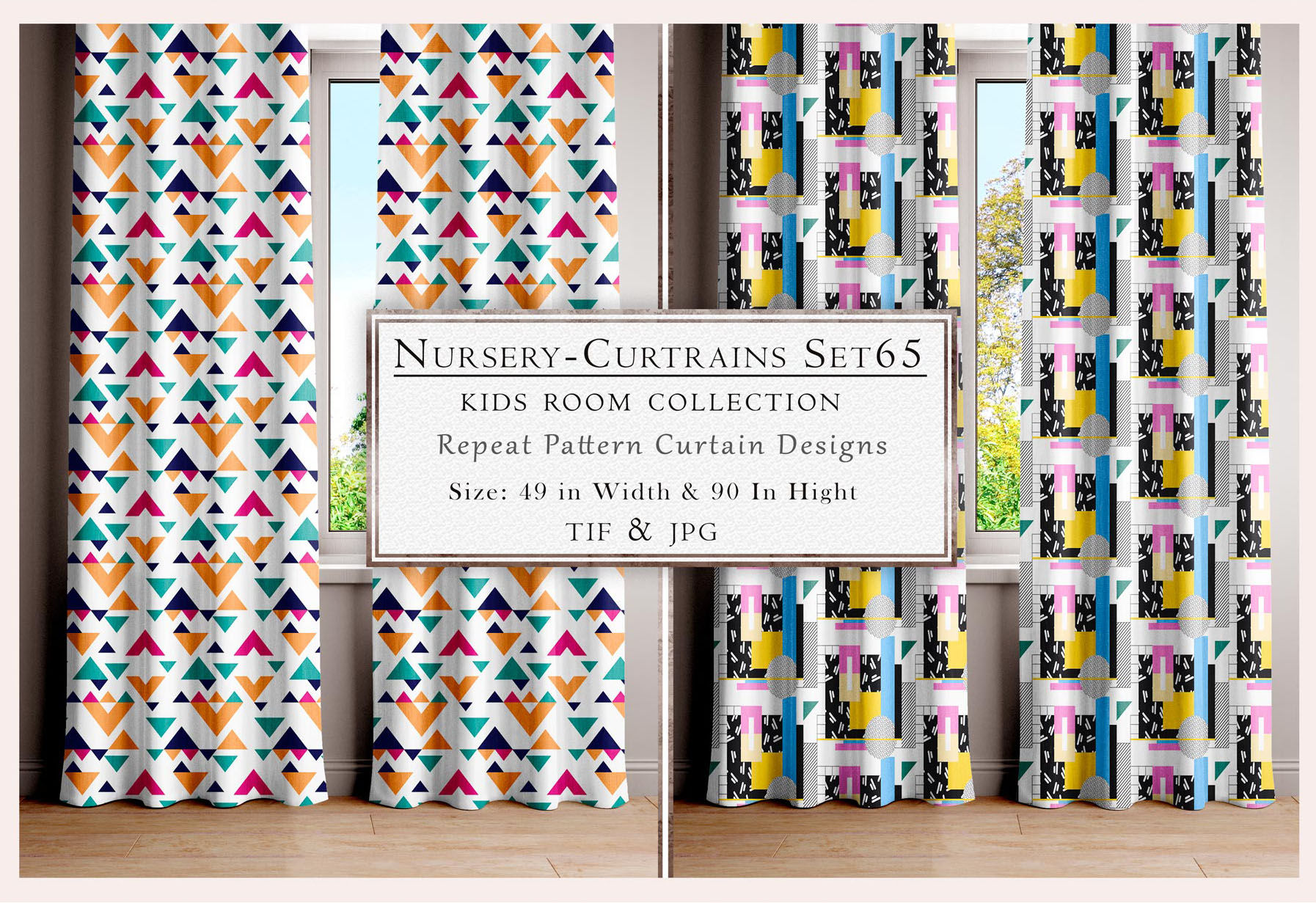 Nursery Curtains Sets, Kids Room Collection, Repeat Pattern Curtain Designs, Size 49 in Width