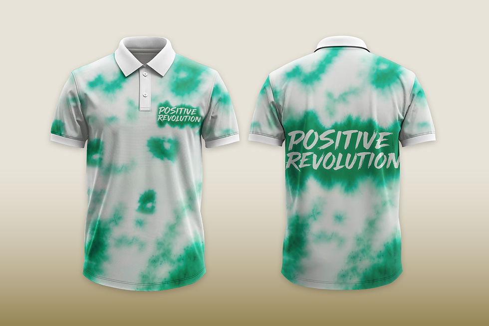 Tie-dye polo shirt. Front displays text reading “Positive Revolution.” White and green design.