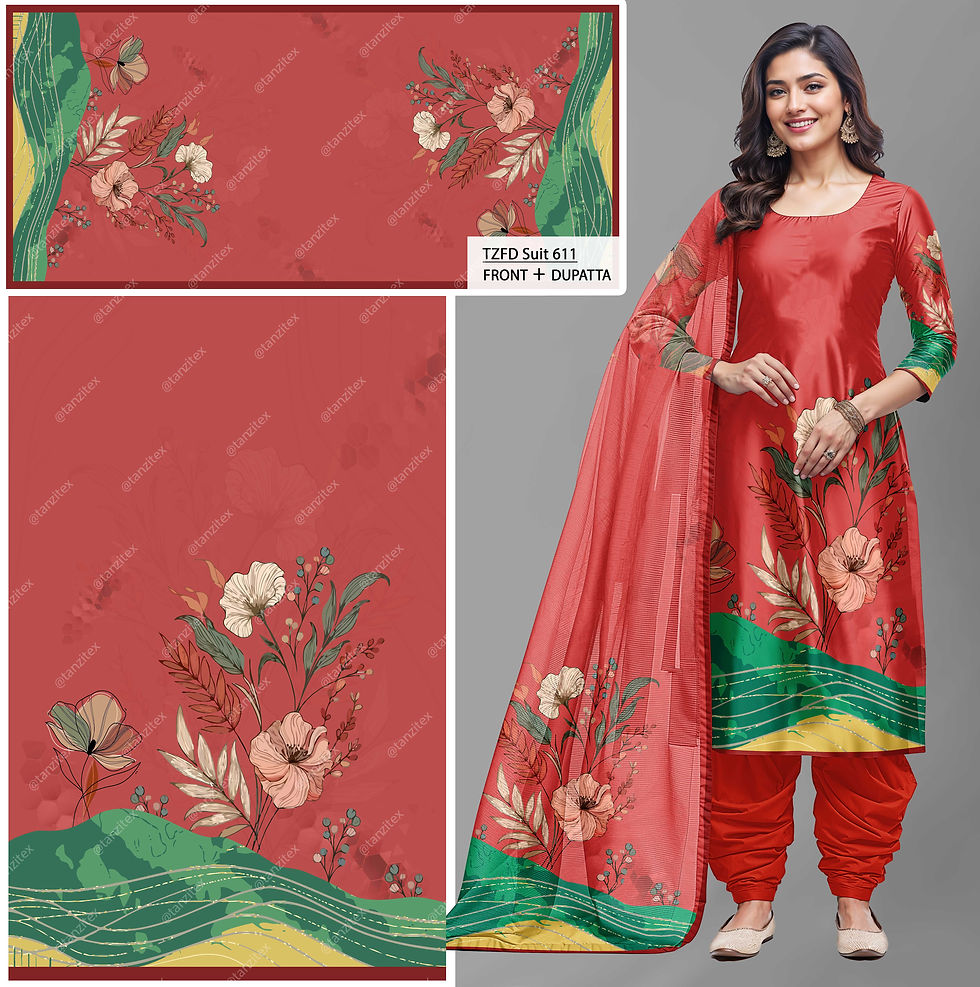 Woman wearing floral red suit with dupatta, Botanical Silhouette Digital Shirt TZSRT 5296 Tanzitex Studio.