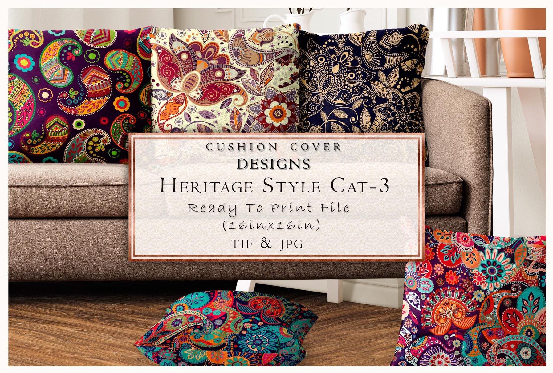 Heritage style cushion designs with text Ready To Print File, TIF & JPG Tanzitex Studio