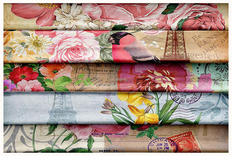Thumbnail: Floral fabrics with Eiffel Tower, birds, and flowers patterns; Tanzitex Studio