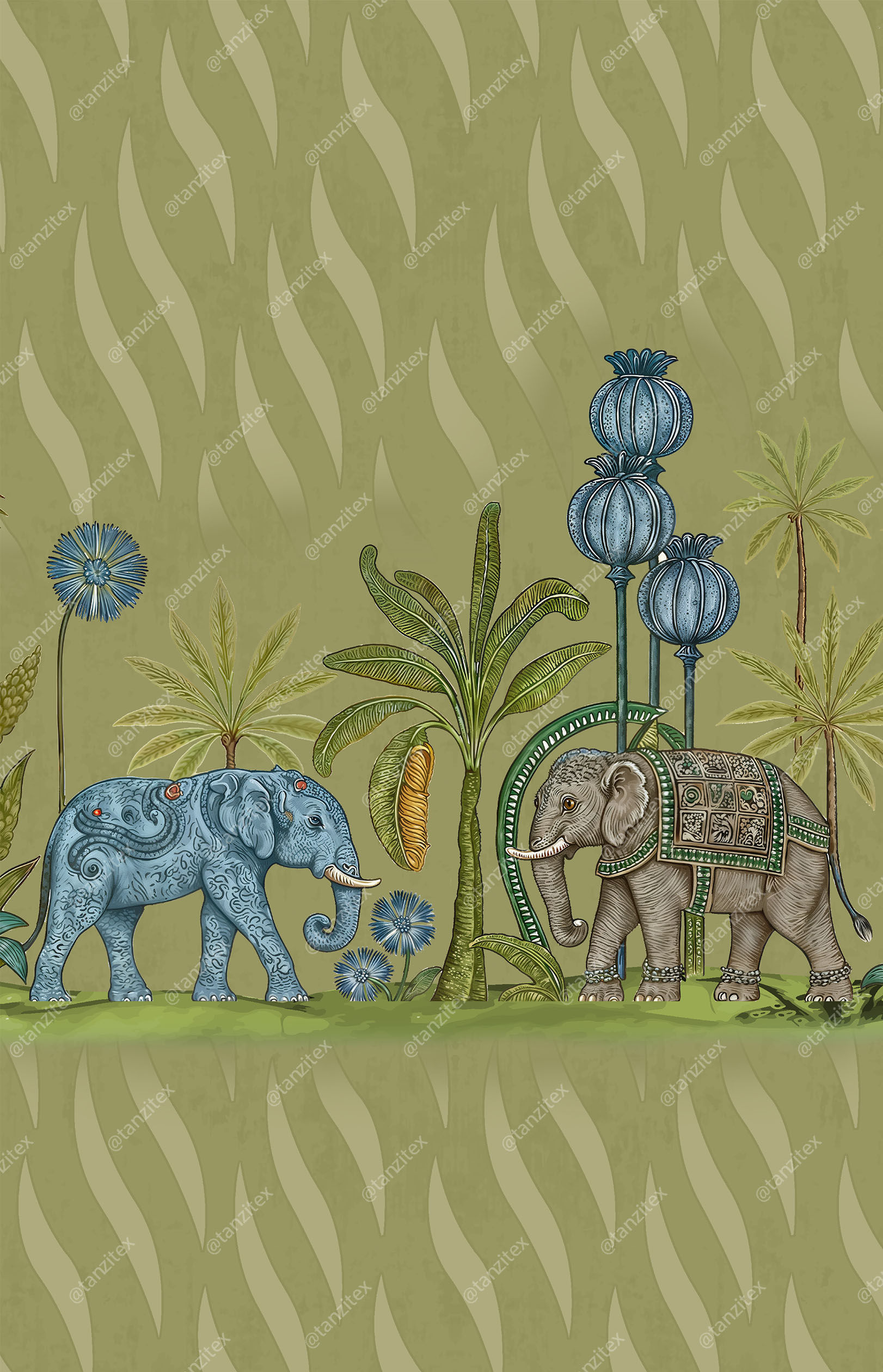 Two elephants walk by plants and trees under a green background