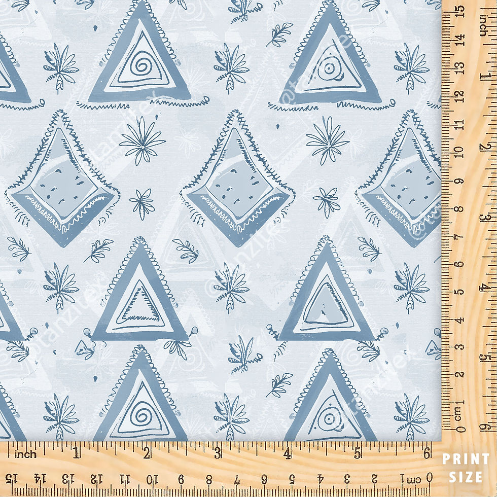 Blue triangle and diamond pattern fabric. Tanzitex Studio.