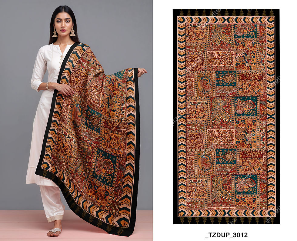 Woman in white dress holding patterned shawl next to a matching design.