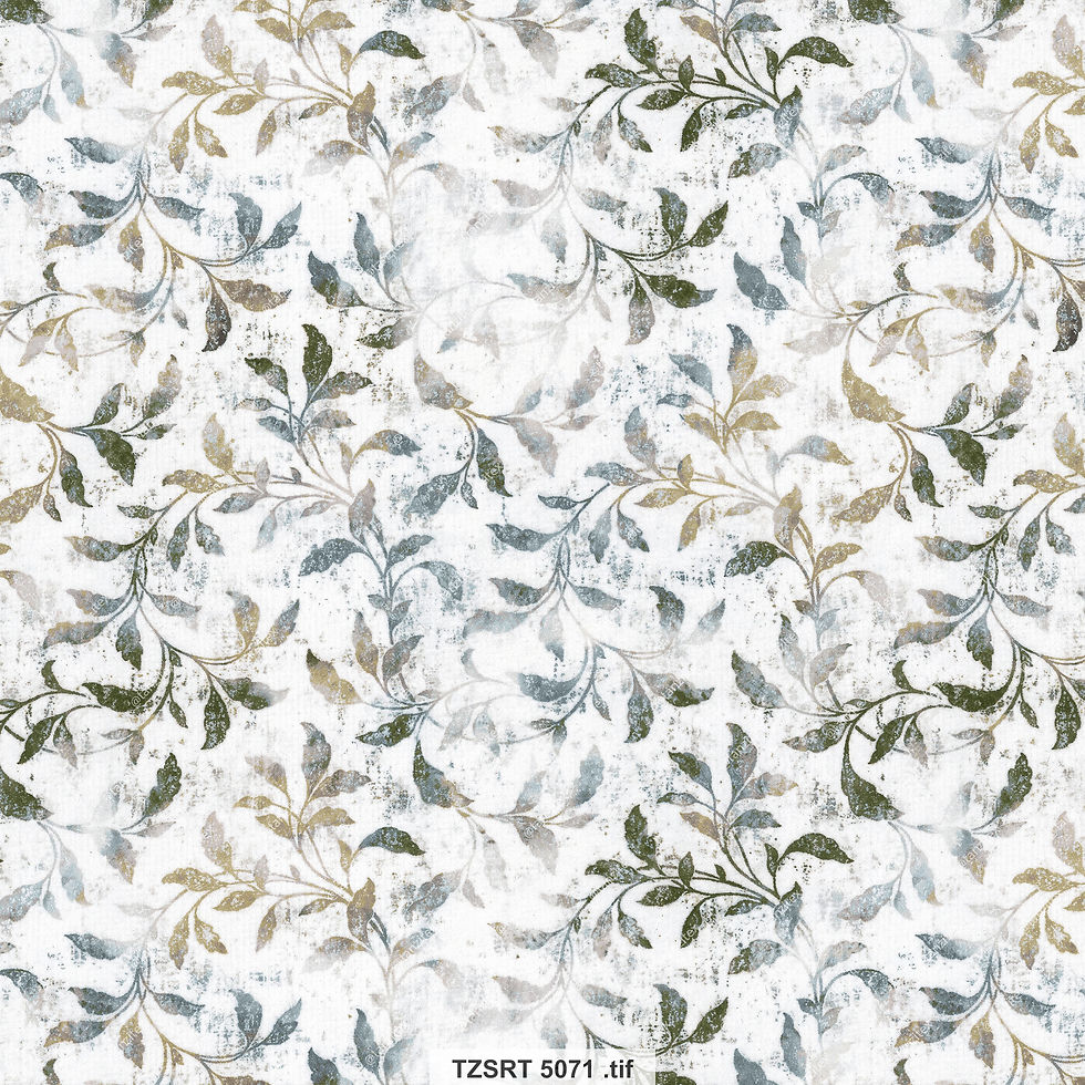 Patterned fabric with leaves; TZFD Suit 607; Watercolor Florals on Mustard; Tanzitex Studio.