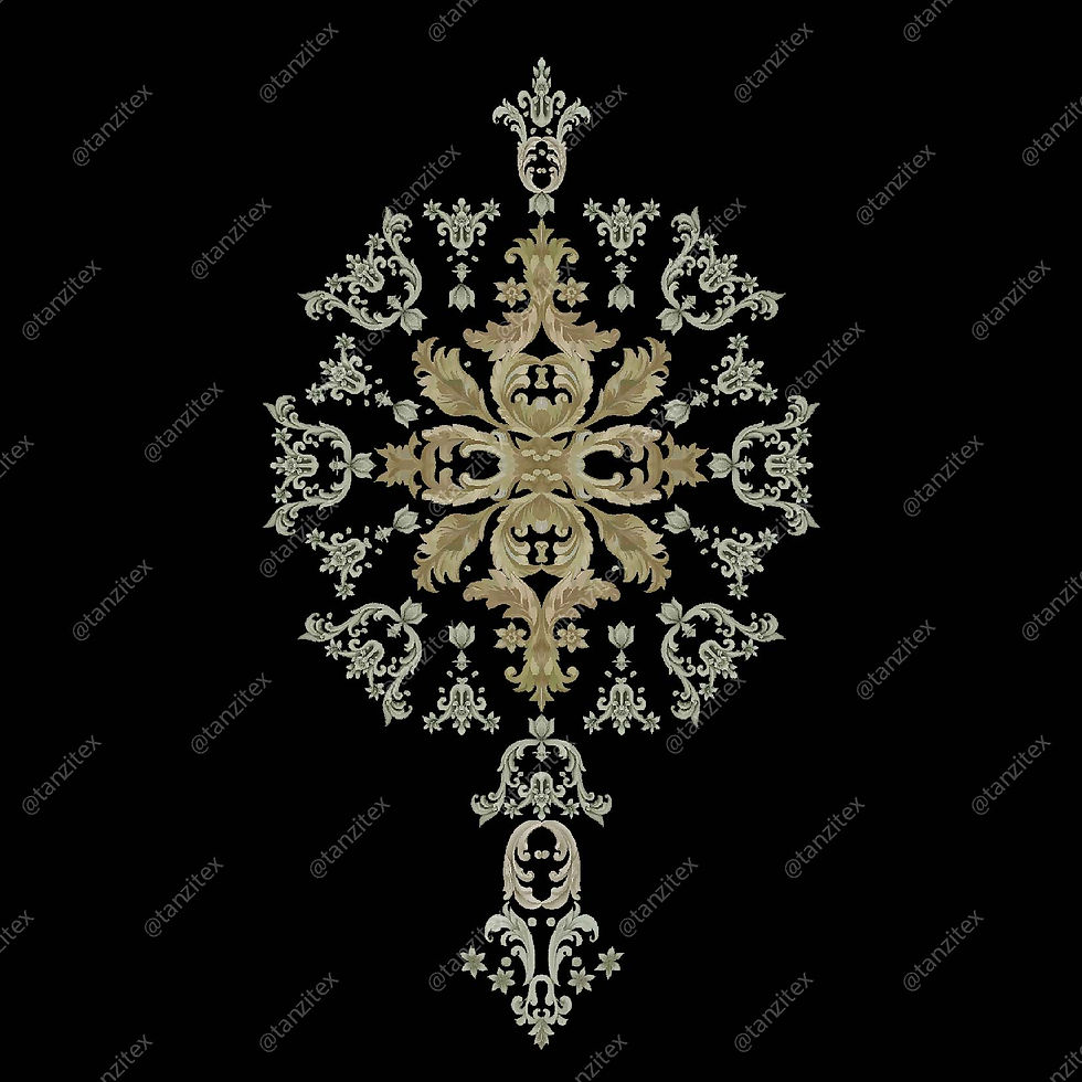 Intricate gold design on black background; Contemporary Red Blossom Motif TZMT 58; Tanzitex Studio