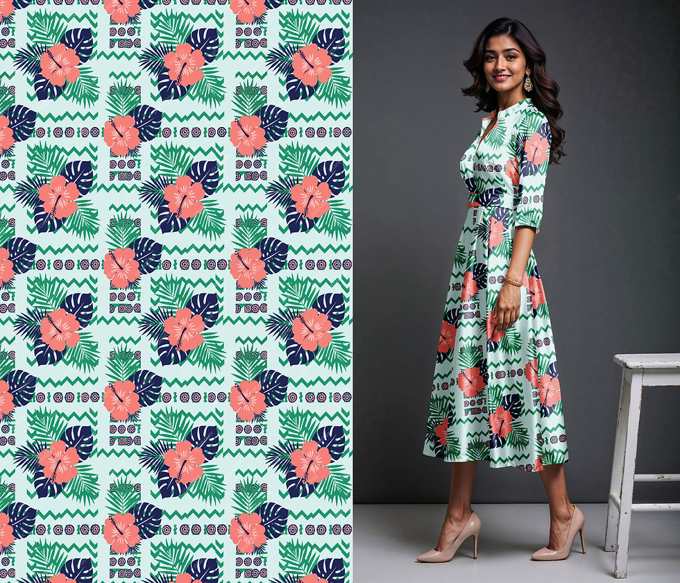 Woman in floral dress posing next to the fabric pattern Tanzitex Studio.