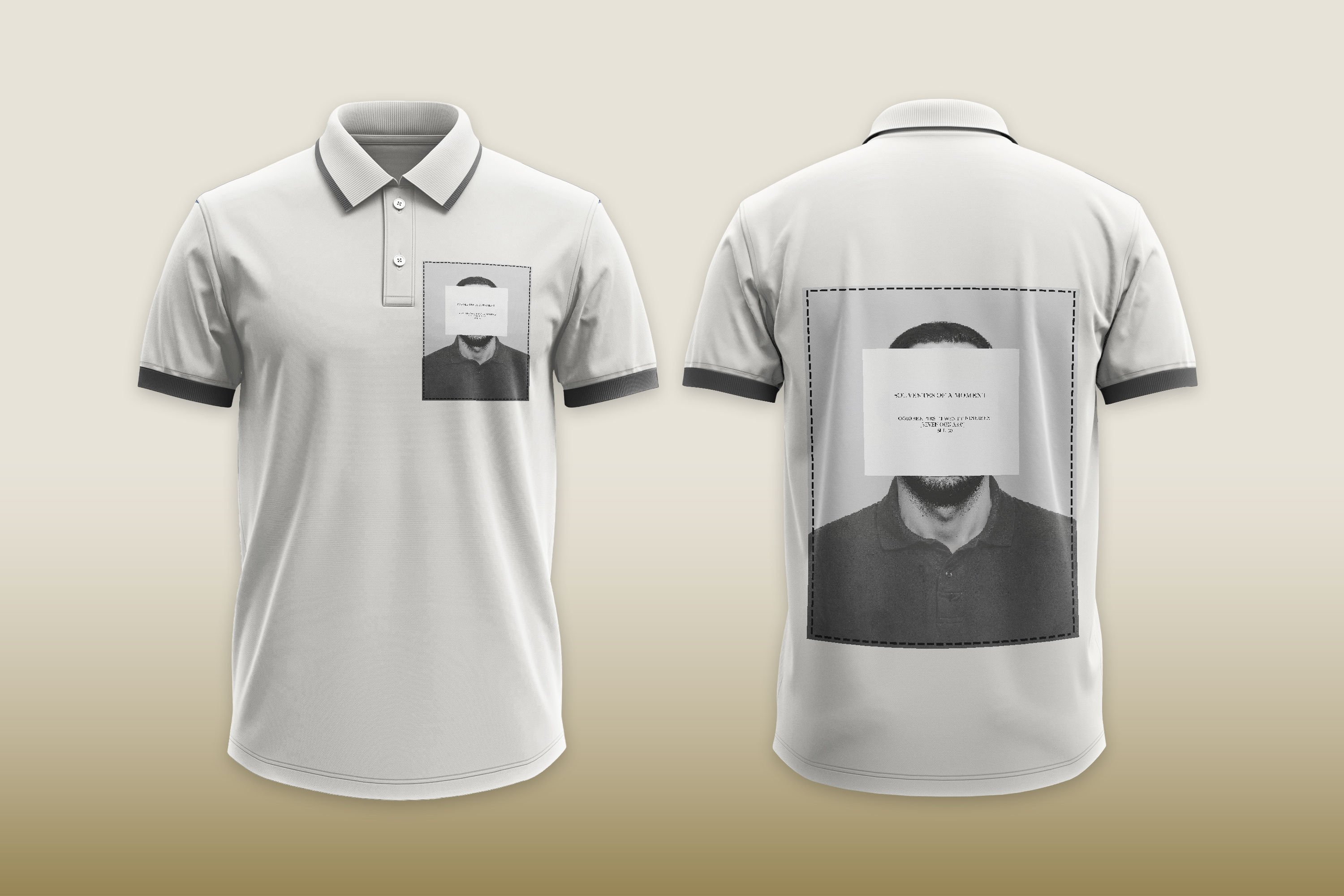 White polo shirt with a face design. Monochrome Ikat Oval Seamless Digital Print Design TZIK 80