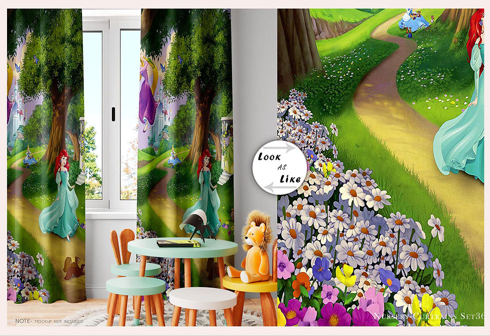Thumbnail: Cartoon-style curtains with a table and chairs, daisies, and path. Tanzitex Studio