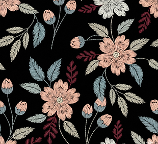 Floral pattern with pink and white flowers on a black background