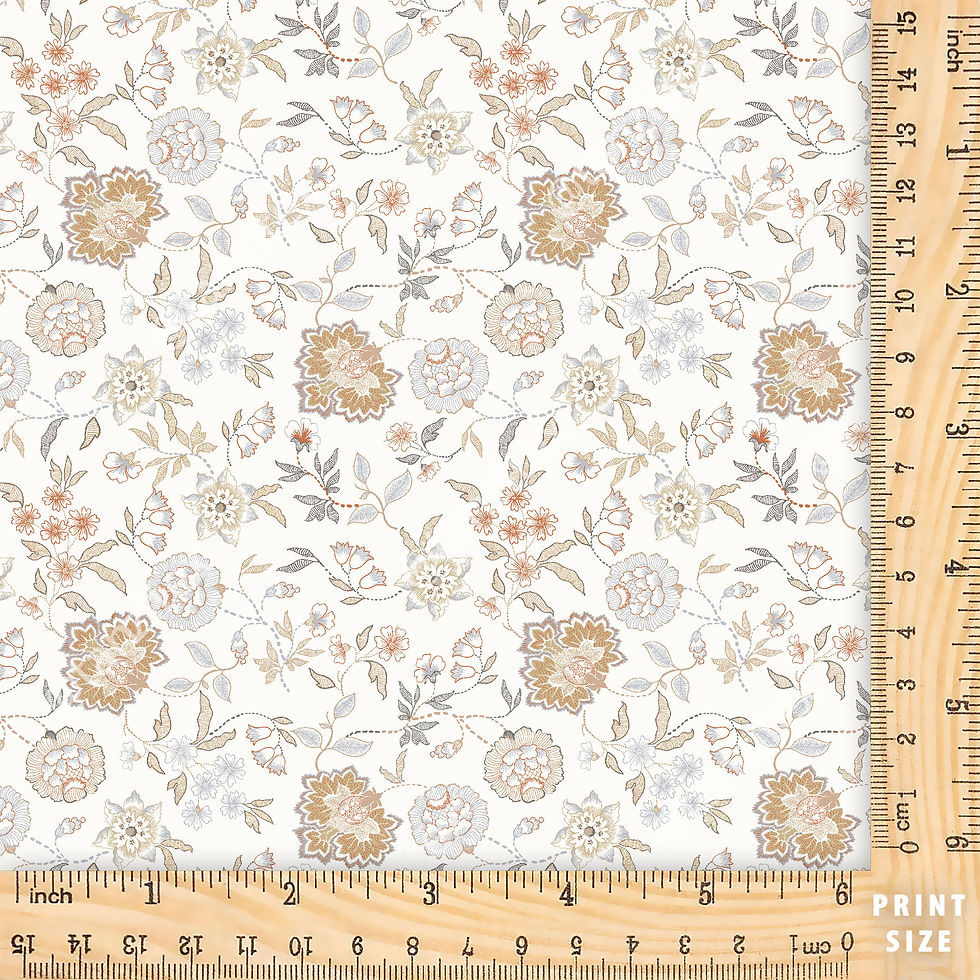 Floral fabric with ruler. Watercolor Florals on Pinstripe TZFD Suit 607 C. Tan and beige.
