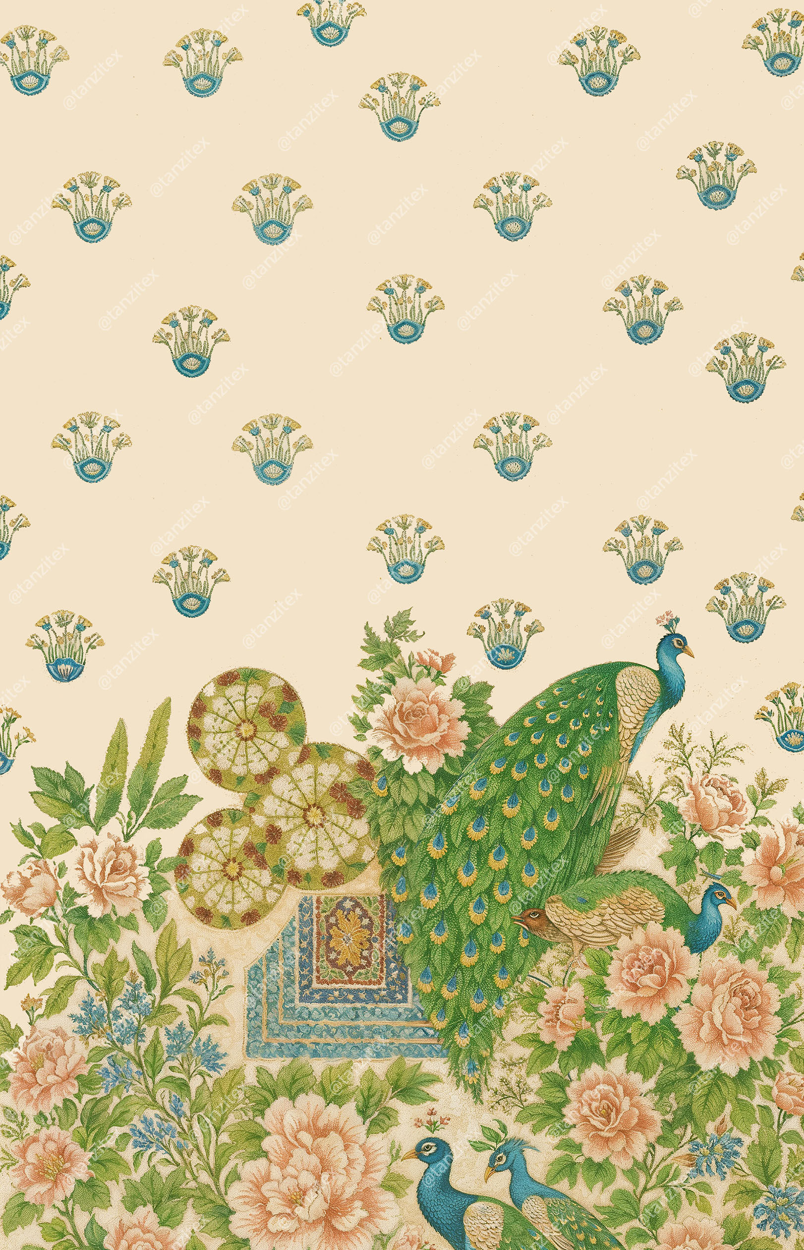 Peacocks and floral pattern repeat with beige background; Tanzitex Studio design.