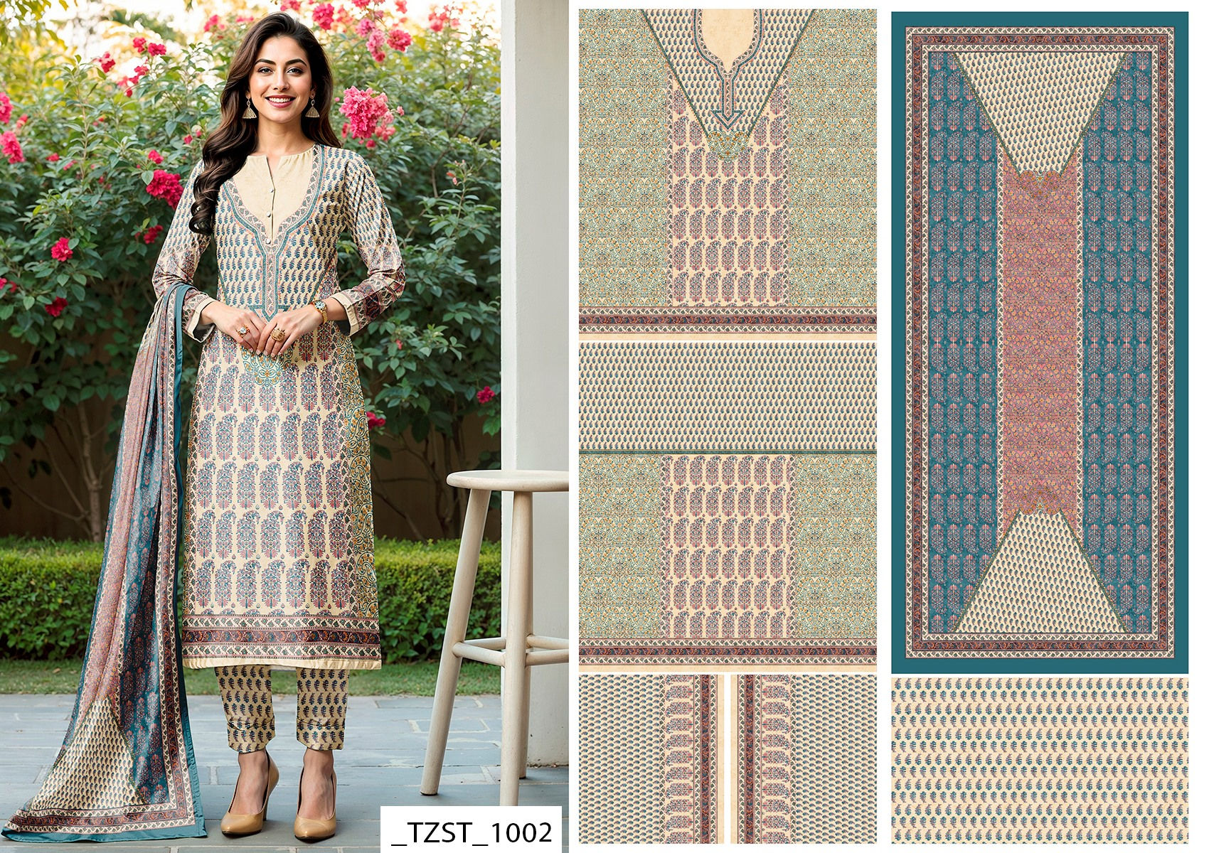 Woman wearing printed suit, design details, _725T_1002, Tanzitex Studio fashion apparel.