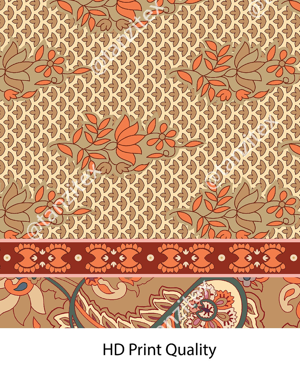 थंबनेल: Textile design with orange and brown floral patterns, Tanzitex Studio.