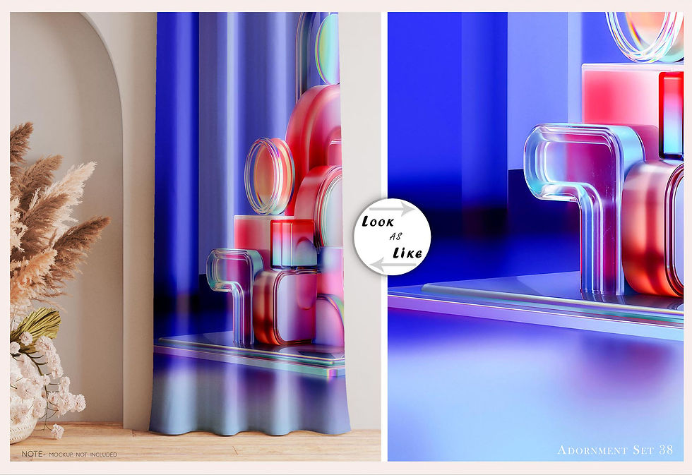 Abstract curtain design with Look at Us text, blue and pink colors, Tanzitex Studio.