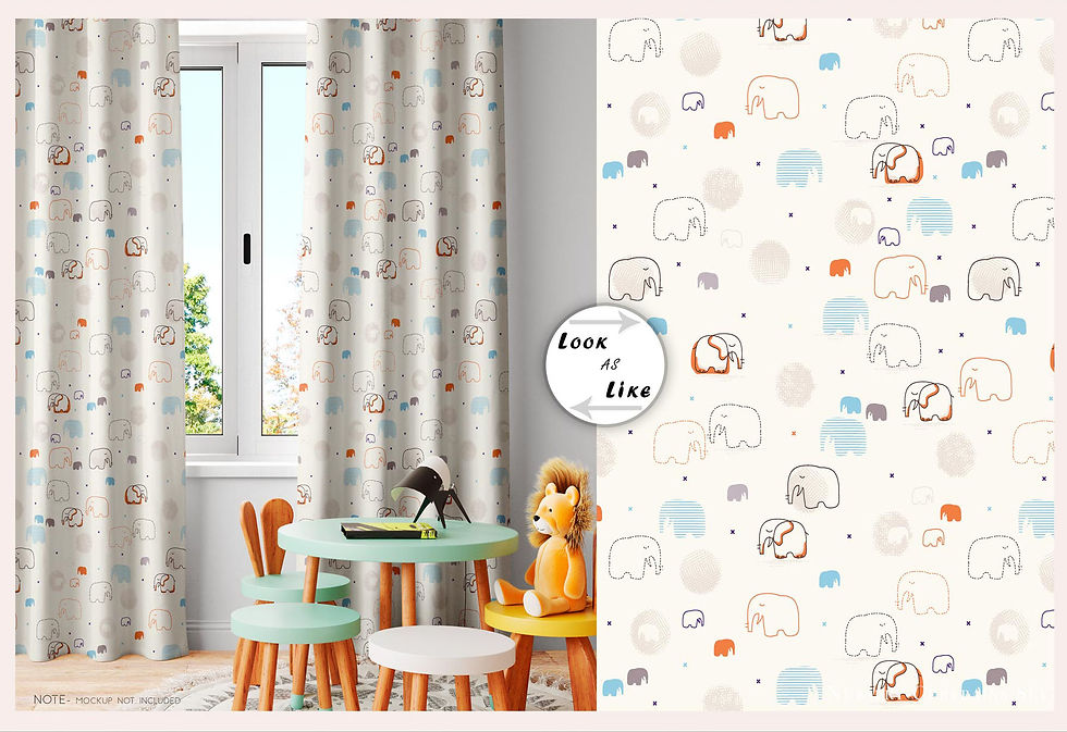Child's room with elephant curtains, 