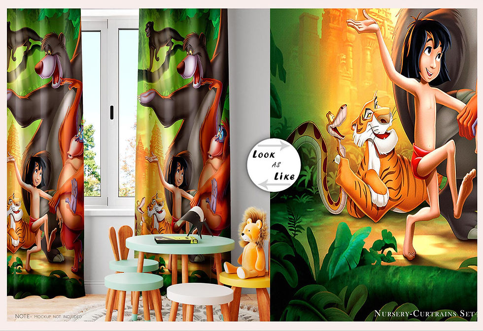 Cartoon curtains with Baloo, Shere Khan, and Mowgli near a table setting.