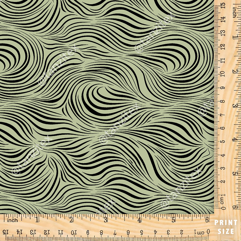 Abstract green and black patterned fabric, with ruler for size, Tanzitex Studio.