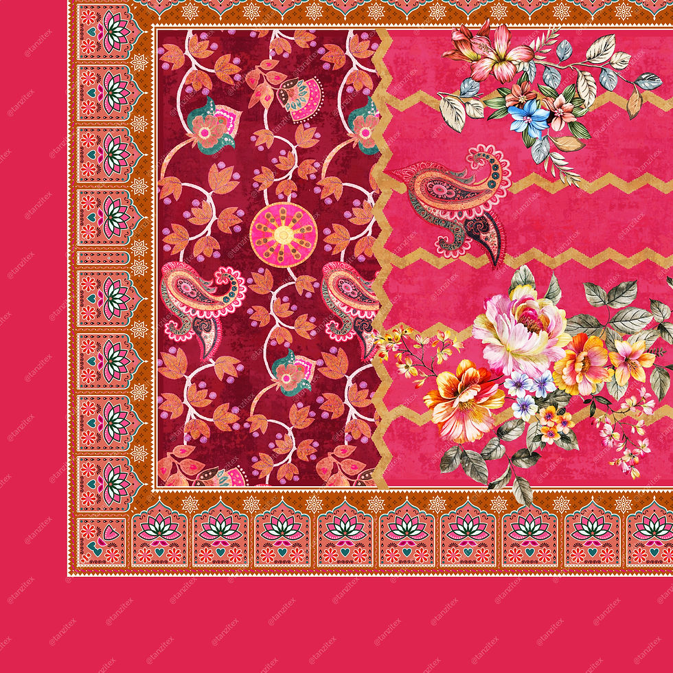 Colorful floral textile pattern with paisley design and decorative border, Tanzitex Studio