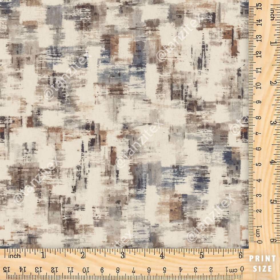 Abstract pattern fabric with brown, blue, and white tones. Tanzitex Studio