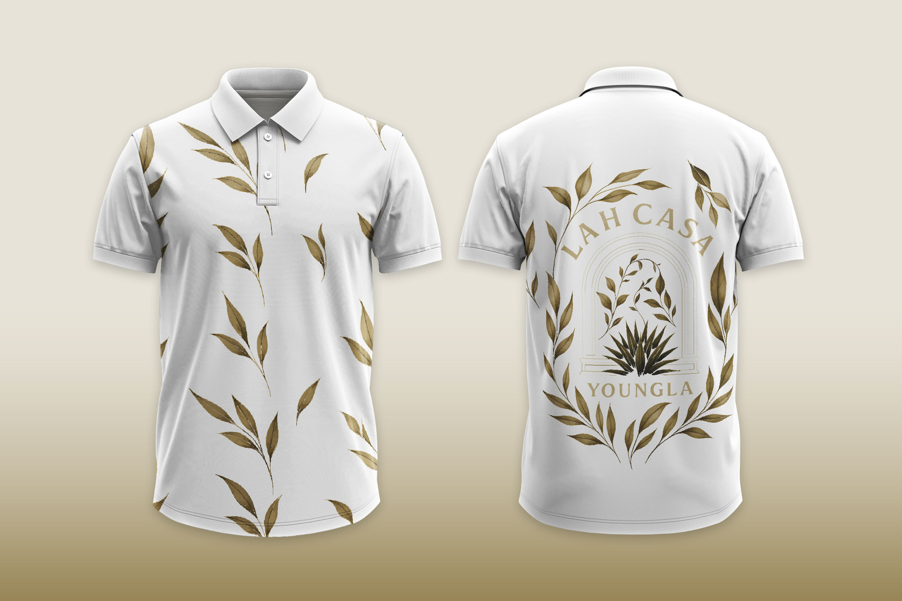 White polo shirt with gold leaves and text, LAH CASA YOUNGER, design.
