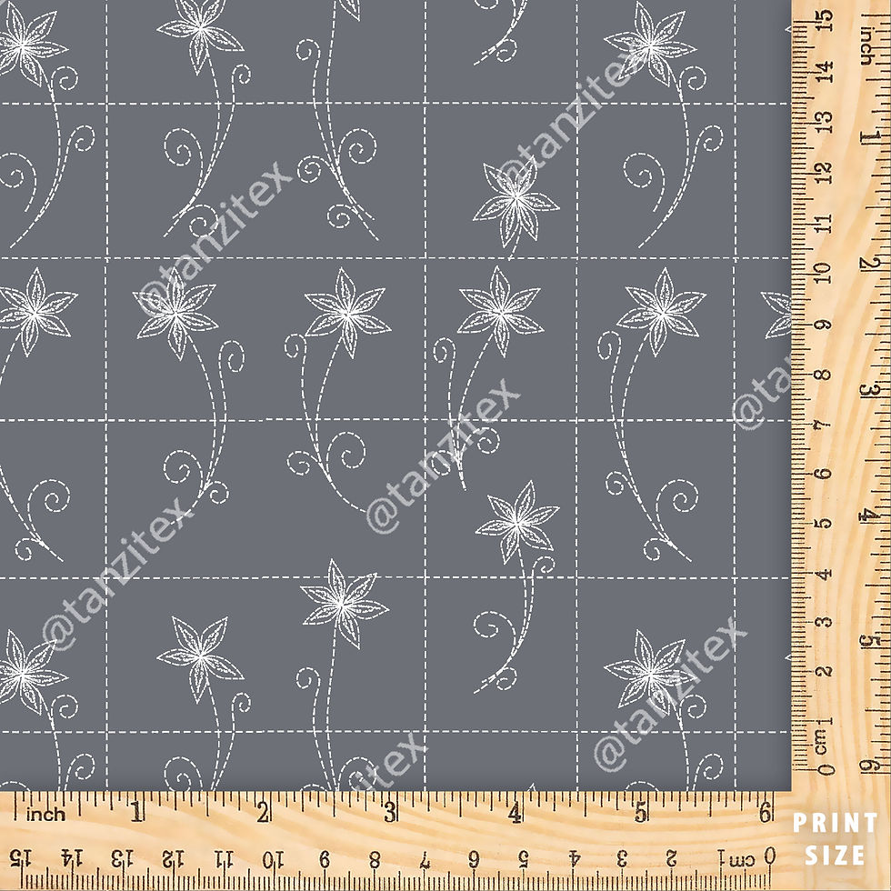 Grey fabric with white floral pattern and Tanzitex Studio branding on display.