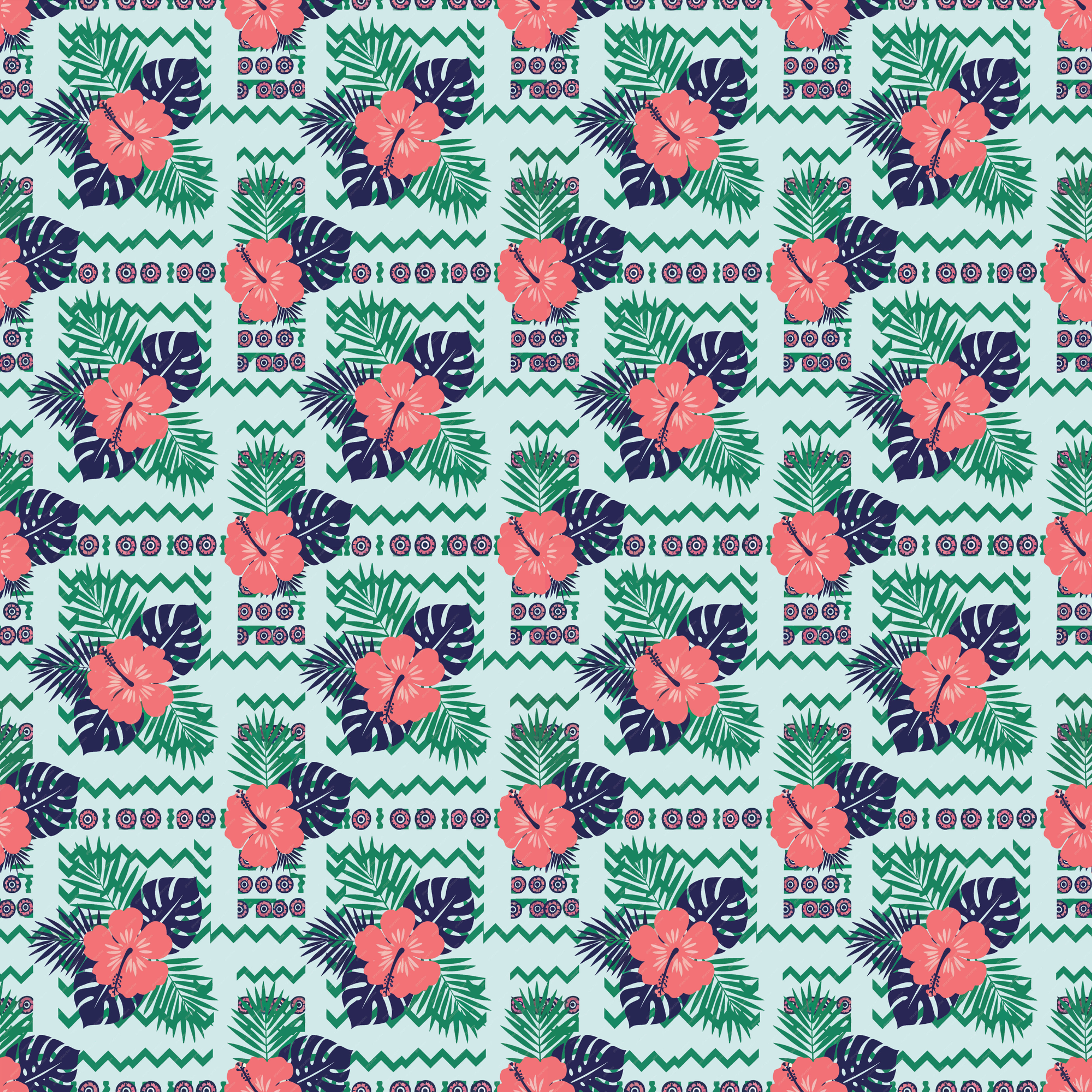 Floral pattern with red flowers and green leaves. Monochrome Ikat Oval Seamless Digital Print Design TZIK 80