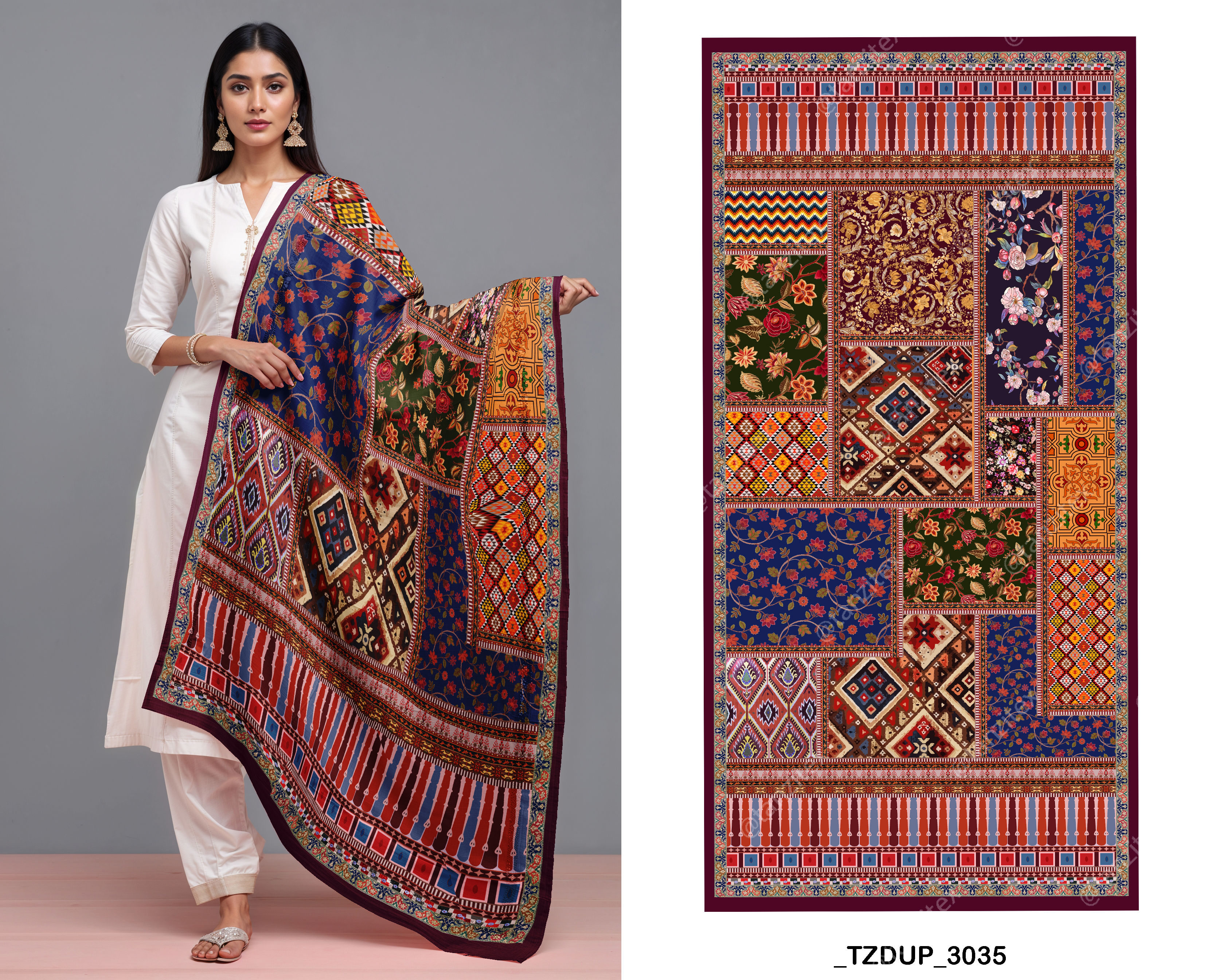 copy of Red Rose Bouquet Dupatta Digital Design TZDUP 3035