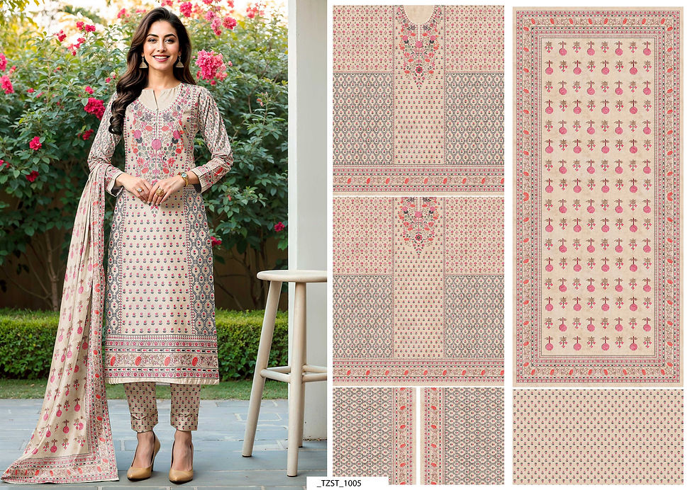 Woman in embroidered suit poses near fabric swatches, Tanzitex Studio.