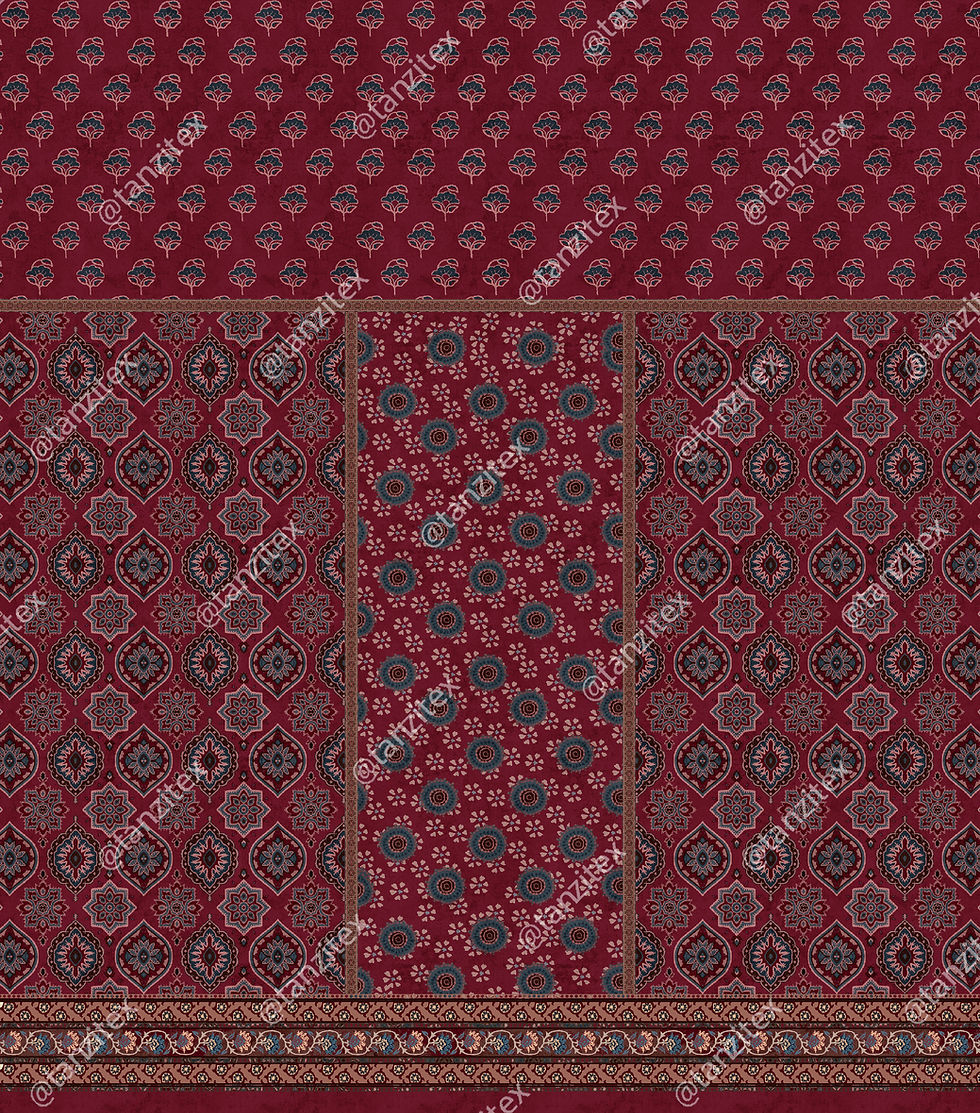 थंबनेल: Red patterned fabric with repeating floral and geometric design Tanzitex Studio