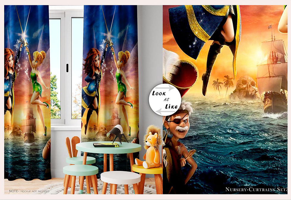 Colorful curtains, small table, chairs, toy, and cartoon characters artwork. Book or Else.