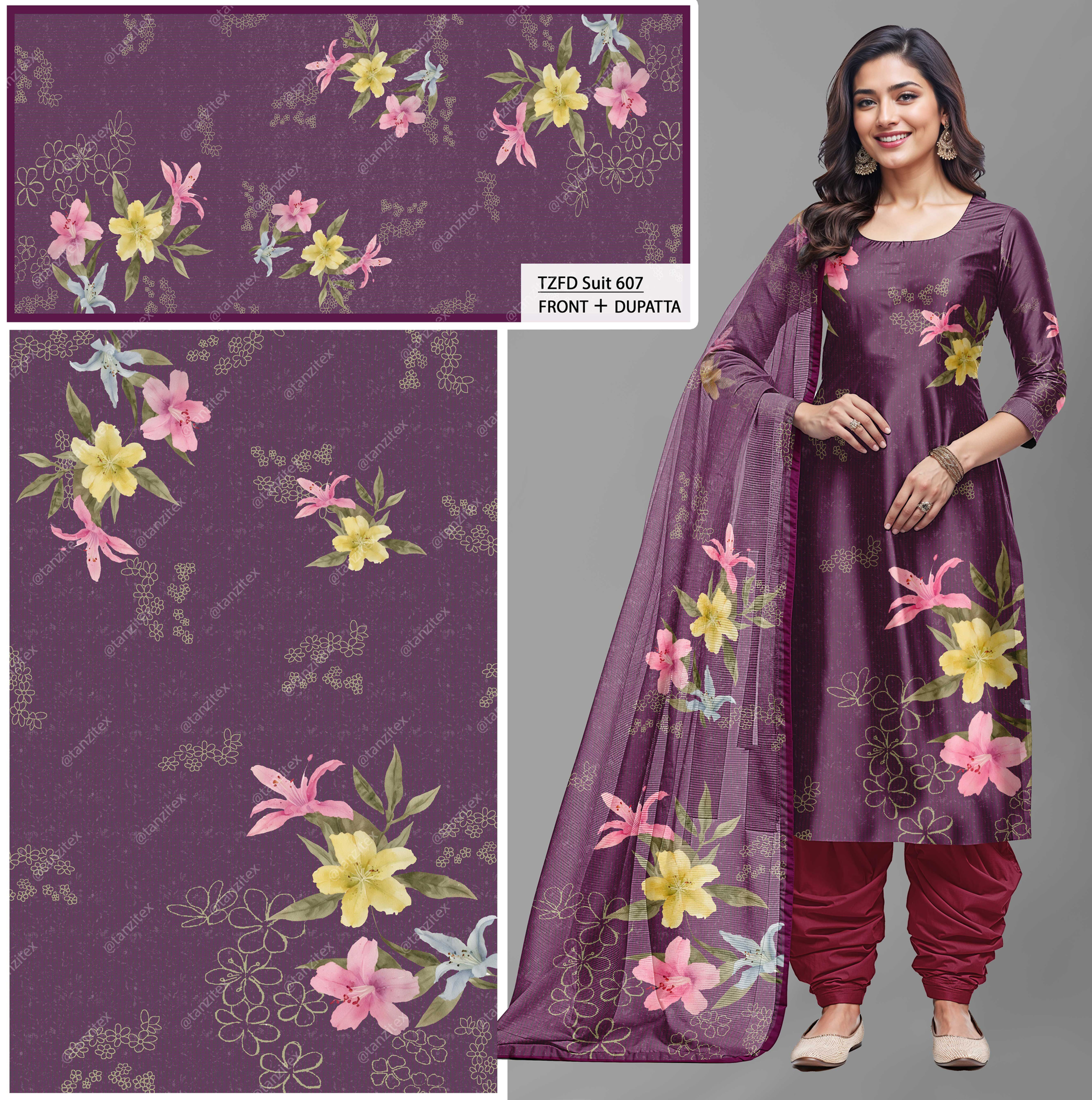 Woman wearing purple suit, Watercolor Florals on Mustard TZFD Suit 607 D, floral design.