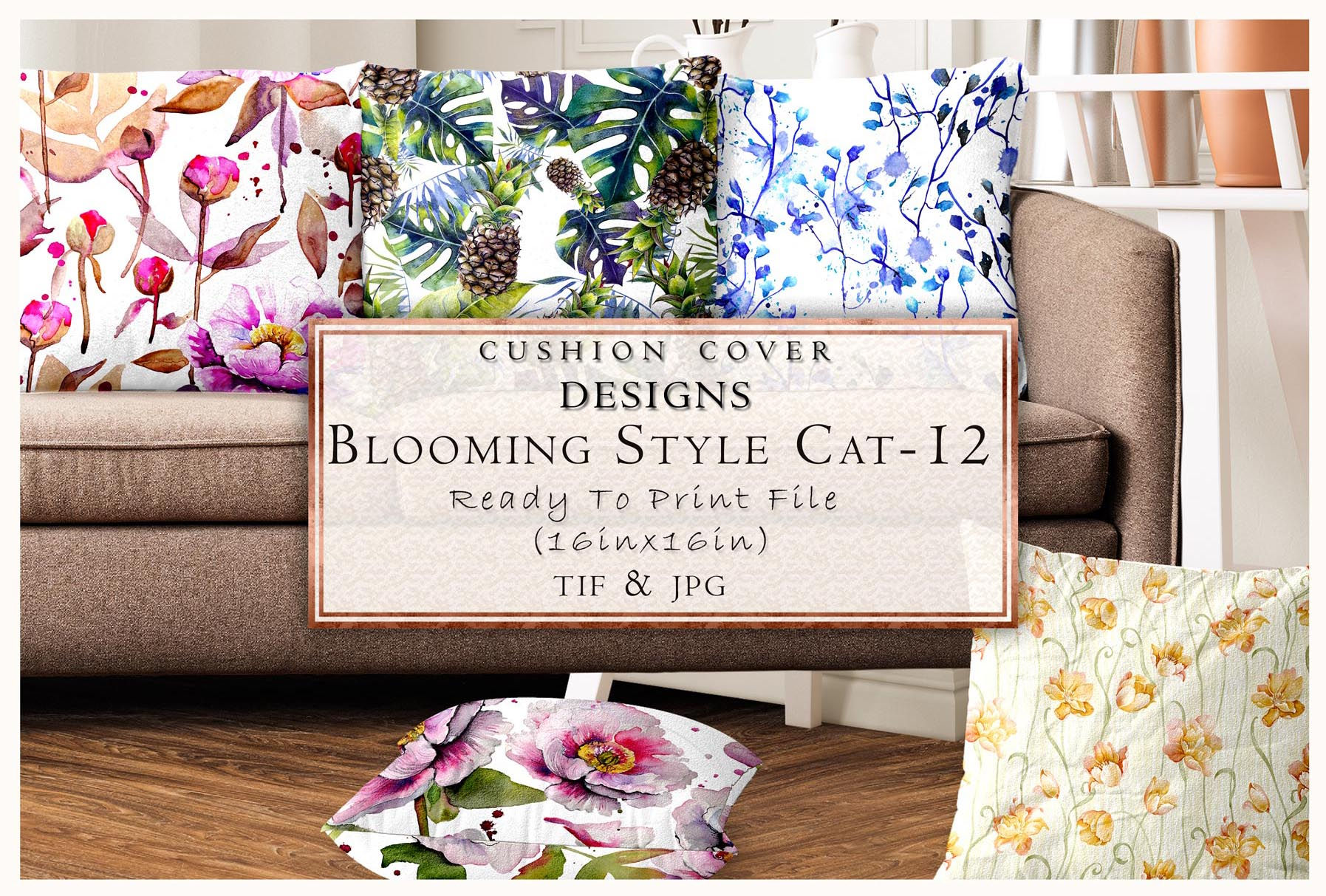Blooming Style CAT-12 cushion cover designs with ready-to-print file details.