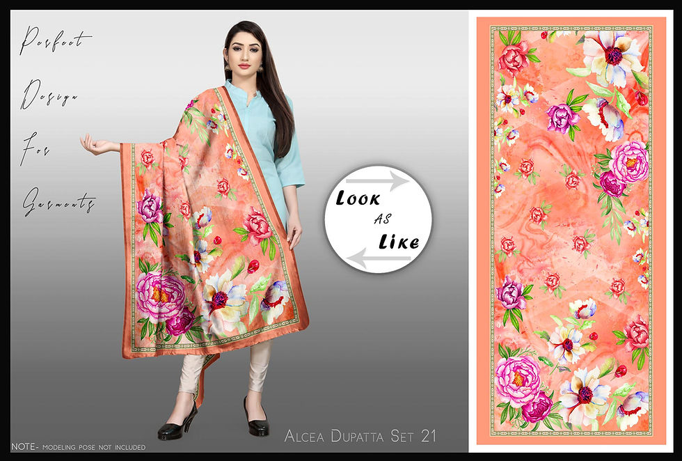 Thumbnail: Woman wearing floral dupatta, look at like, Alcea Dupatta Set 14, studio shot.