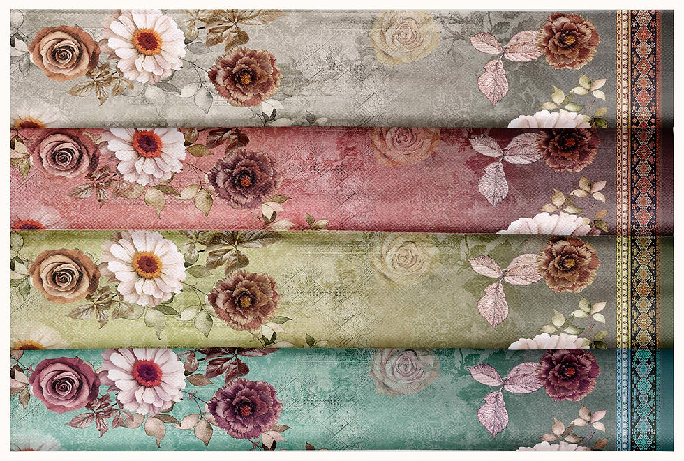 Thumbnail: Rolled fabric with floral print. Alcea Dupatta Set 15– Elegant Vintage Floral Dupatta Collection TZDUP 1501. Tanzitex Studio.