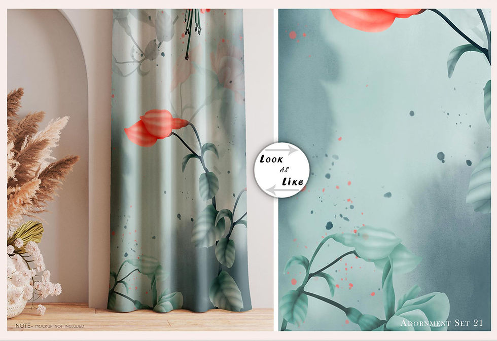 थंबनेल: Floral curtain design with red flower and text, Room or Else. Tanzitex Studio.