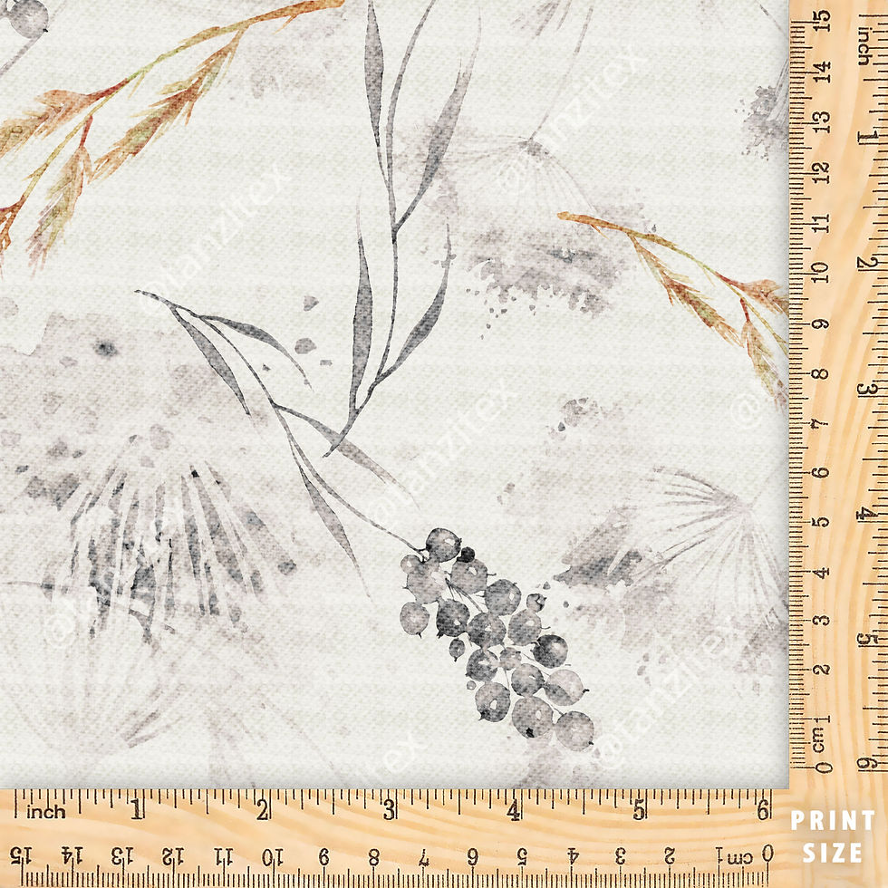 Watercolor floral pattern fabric with ruler, neutral tones, Tanzitex Studio design.