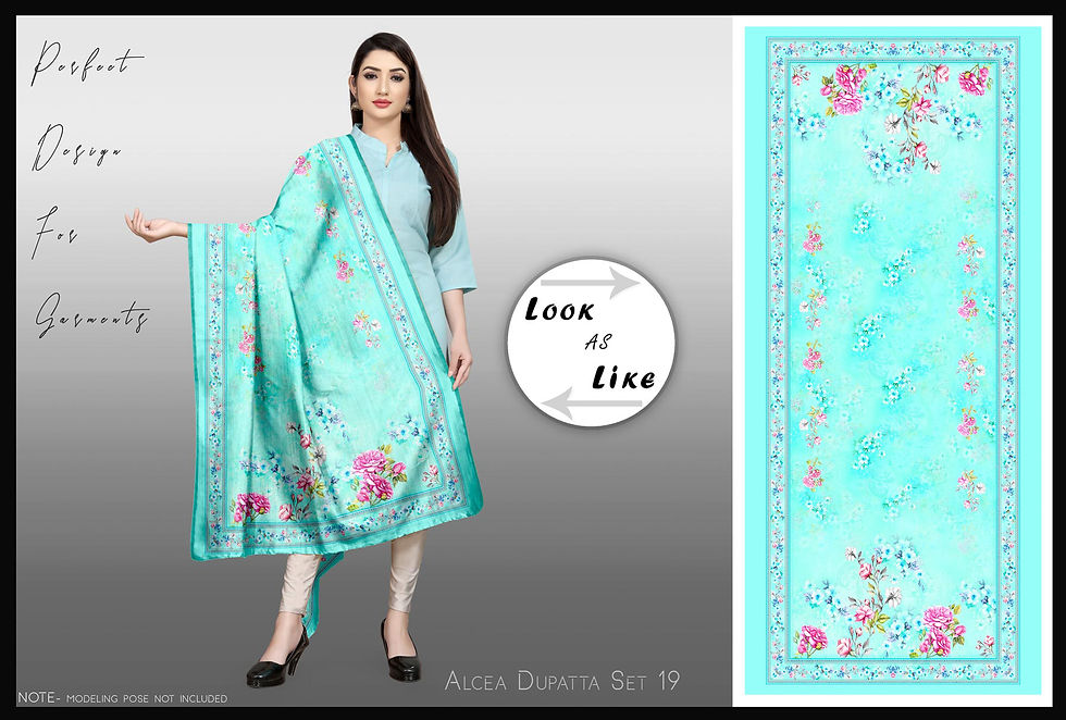 थंबनेल: Woman in blue dress with shawl, look alike, floral design, Tanzitex Studio