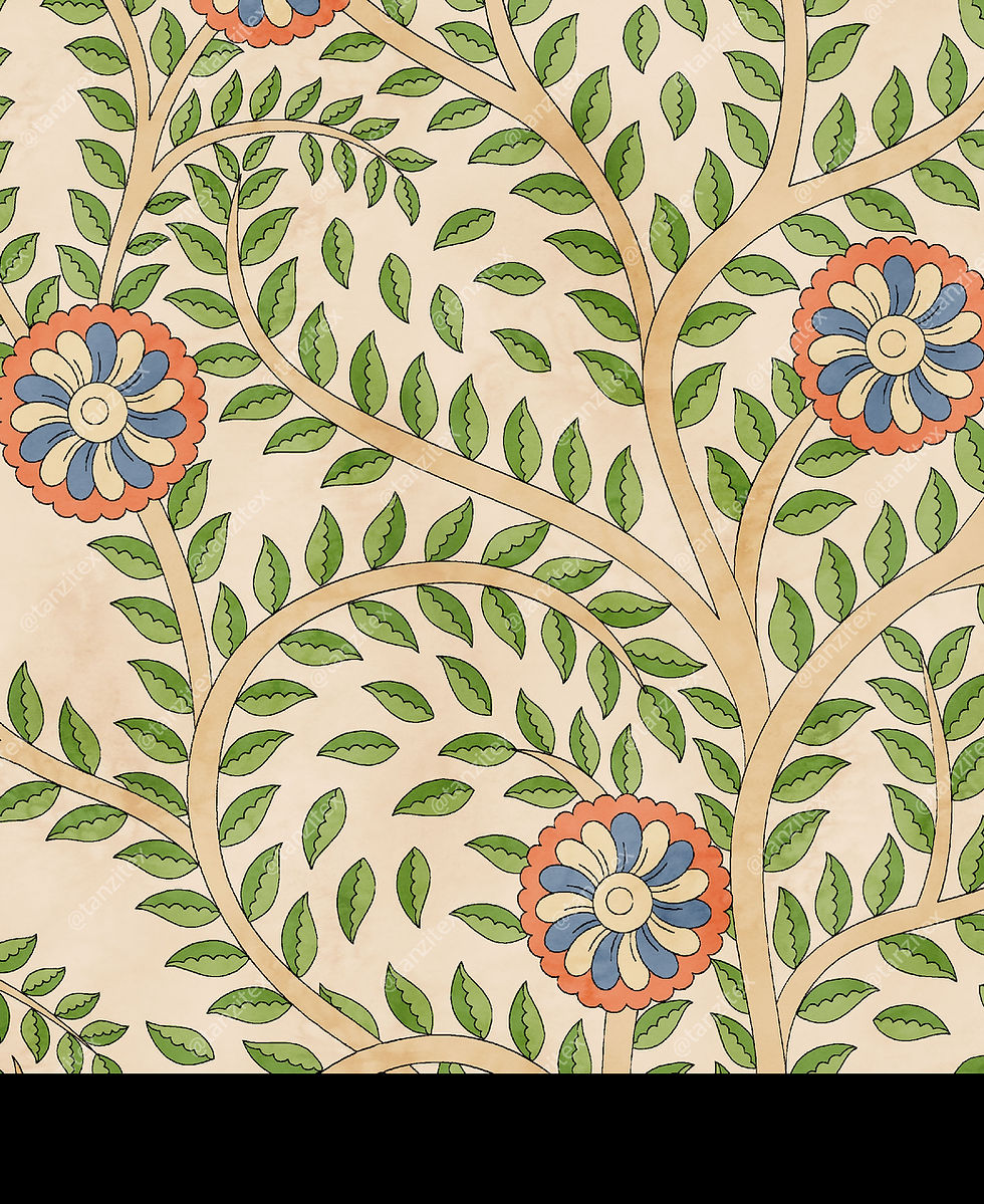 थंबनेल: Floral pattern featuring trees, flowers and leaves on a light background.