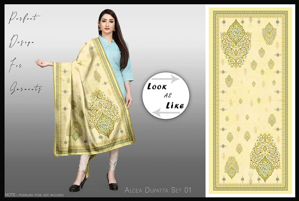 थंबनेल: Woman wears a light blue dress, shawl, and text that says look at line.