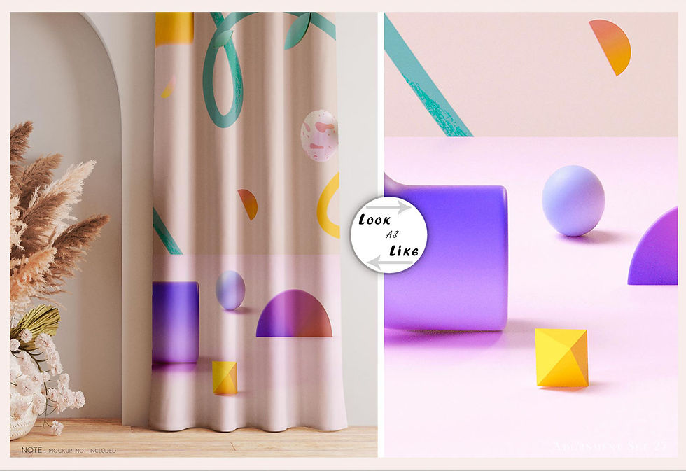 Colorful curtain design with geometric art and Room of Elan branding. Tanzitex Studio.