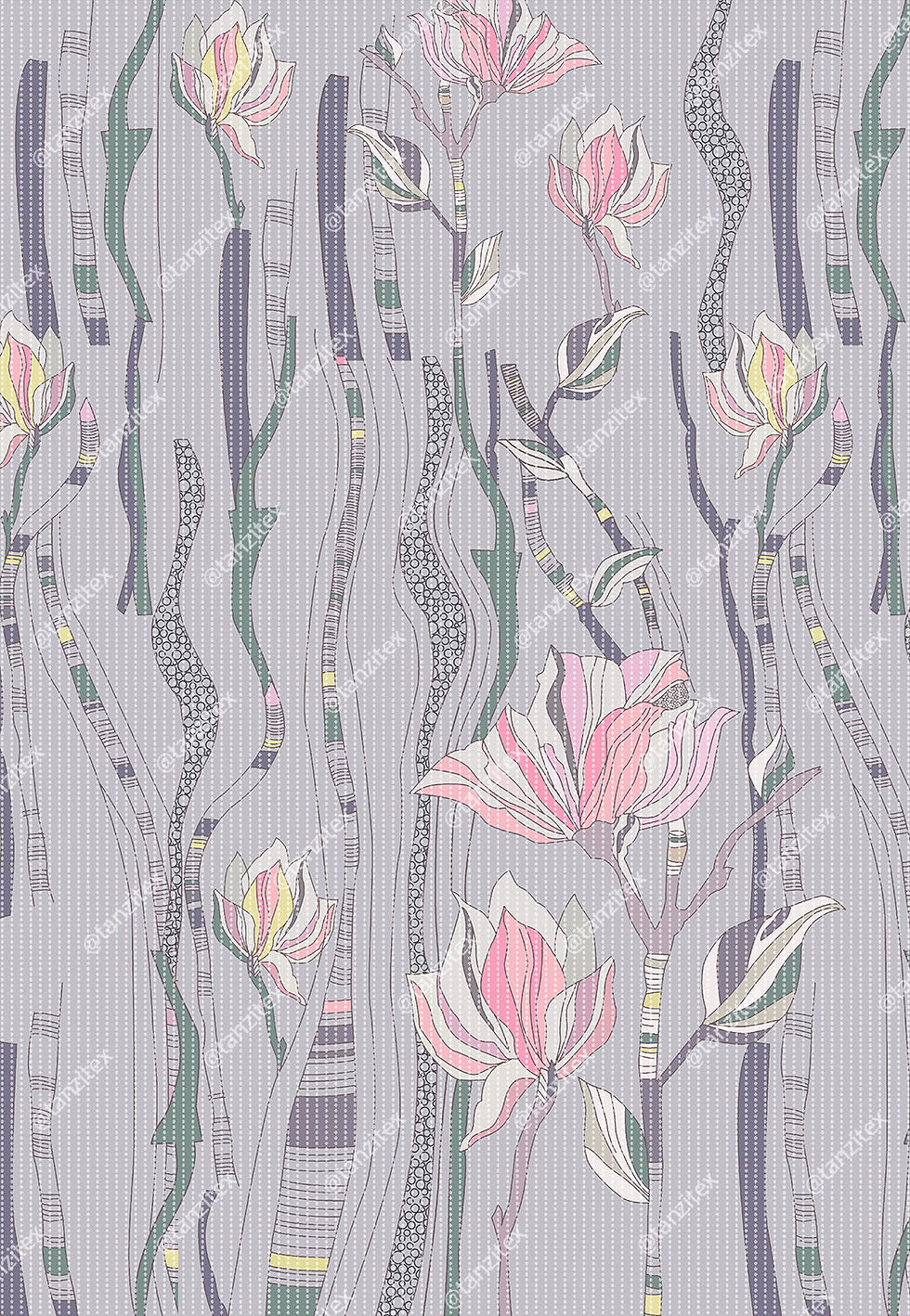 Floral pattern design with pink flowers and gray lines on a purple background.