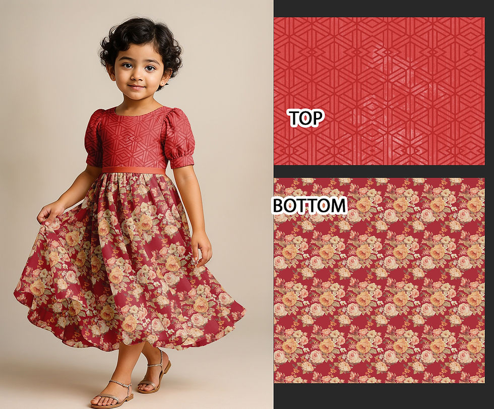 Little girl in red dress with floral bottom, top and bottom