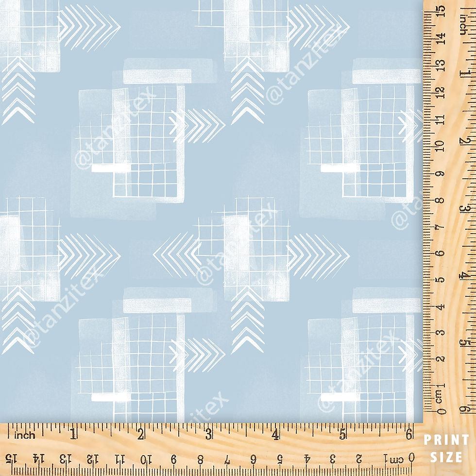 Blue fabric background with white geometric shapes, arrows, and grid patterns.