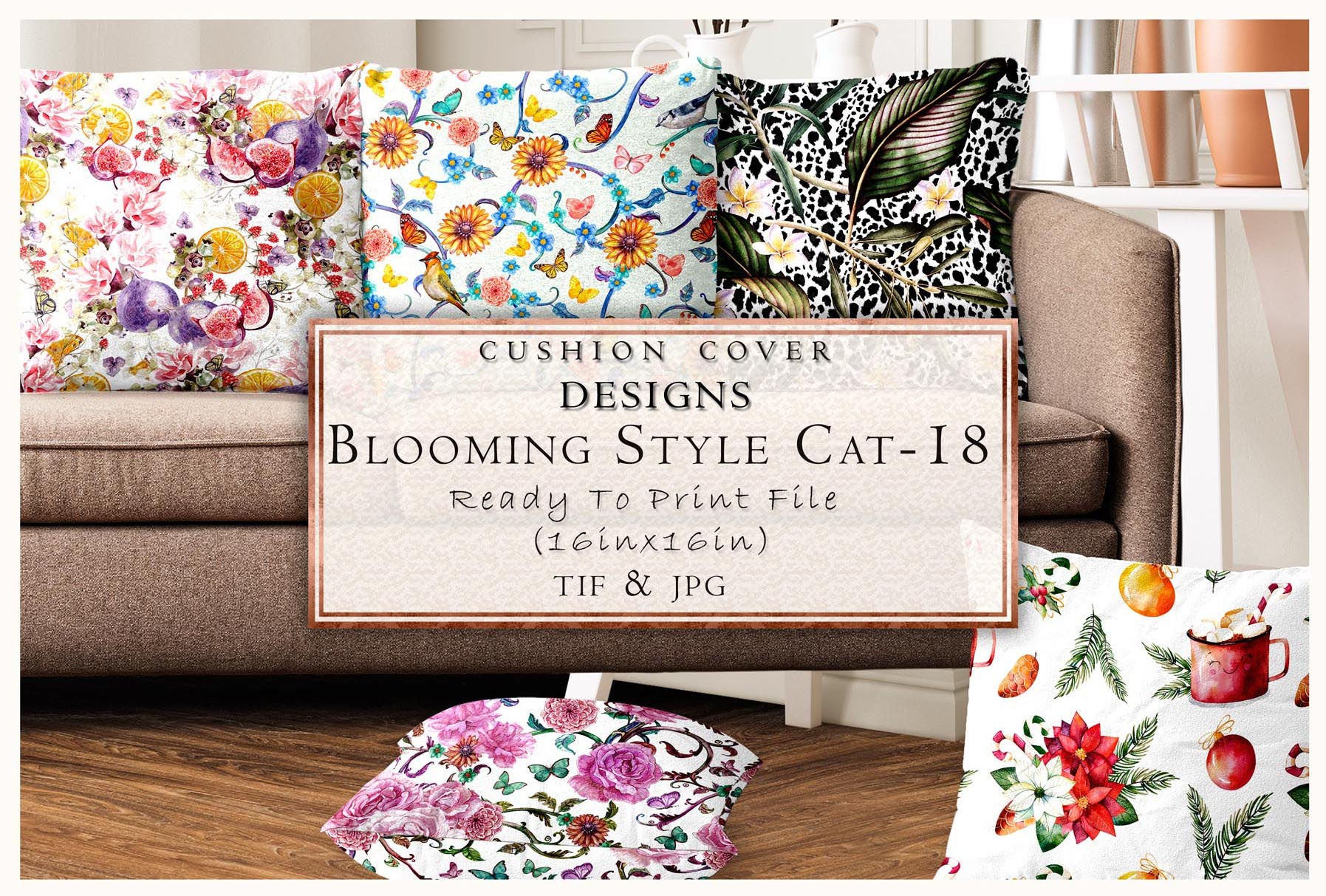 Cushion cover designs with Blooming Style CAT-18 print file, Tanzitex Studio TIF & JPG